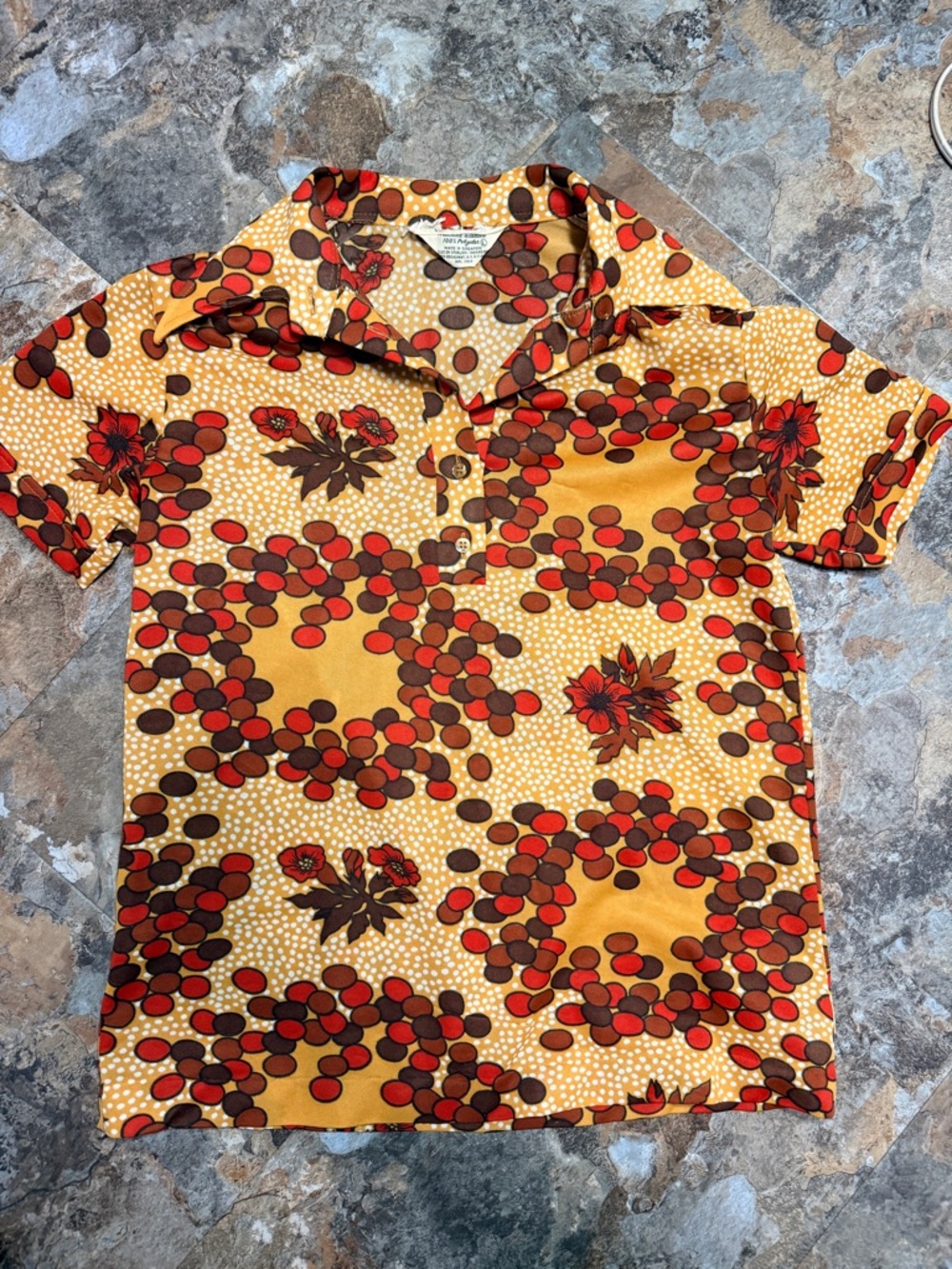 Vintage Yellow Floral & Dot Print Button Polo